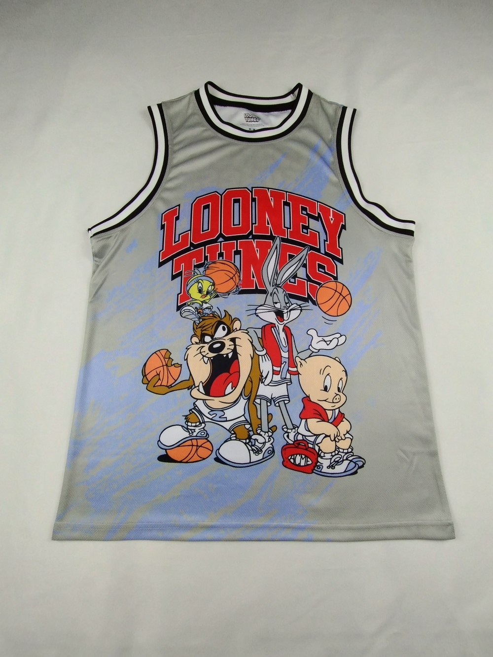 Looney Tunes Graphic Basketball Jersey Sleeveless Shirt Mens Size Medium Grey 30